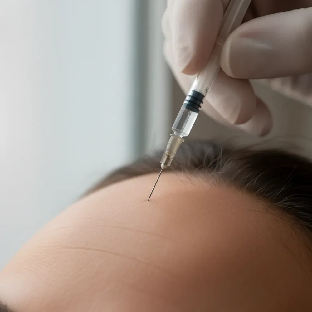 Close-up of a gloved hand holding a fine syringe above a forehead during a Dysport injection procedure.