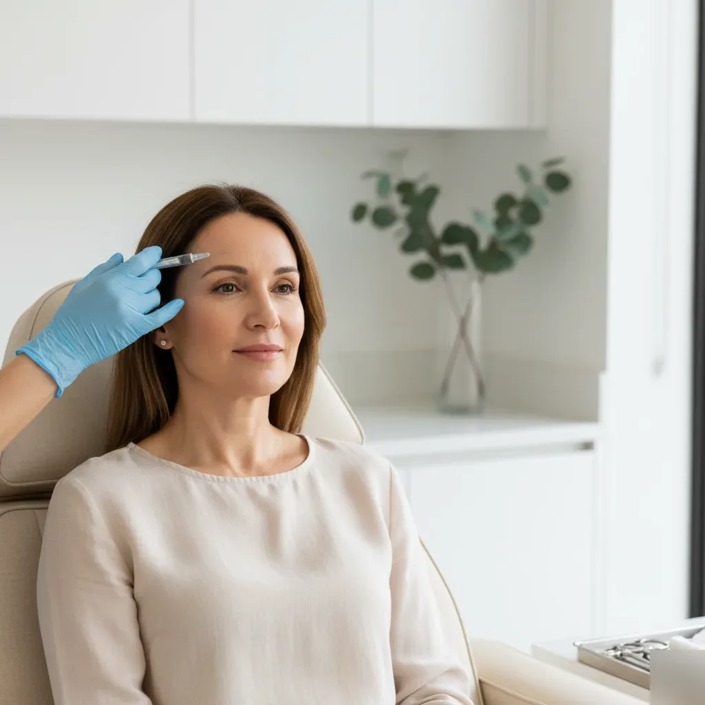 A woman in her 50s receiving a Dysport injection above her brow at a boutique clinic in Murrells Inlet.
