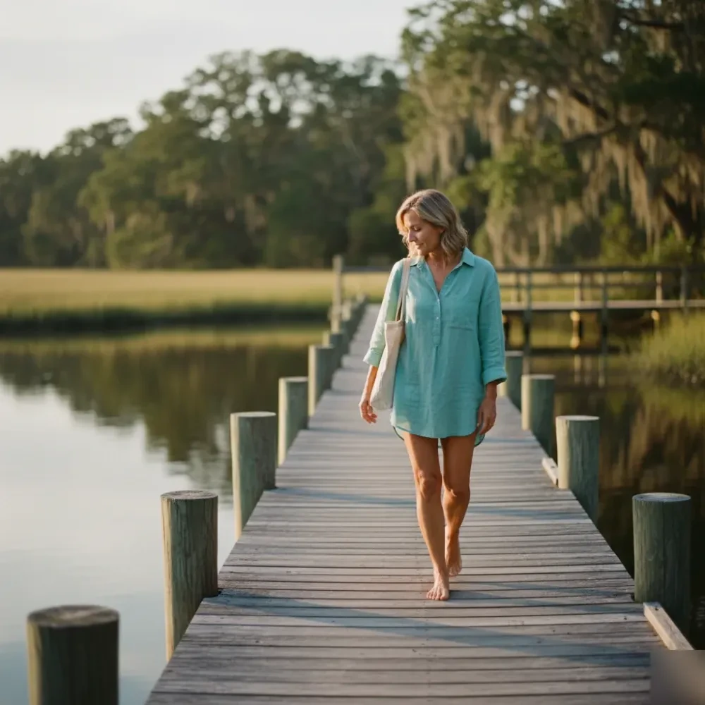 Woman walking on a tidal creek dock near Murrells Inlet in golden afternoon light after a facial treatment.