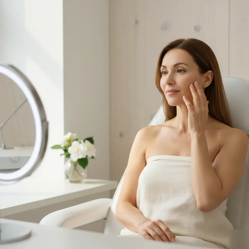 Woman in her 50s examining her smooth, even skin in a mirror after an enzyme facial in Murrells Inlet.