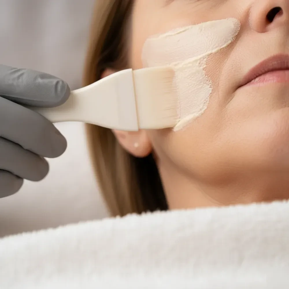 Close-up of enzyme mask being brushed onto facial skin during an enzyme facial treatment.