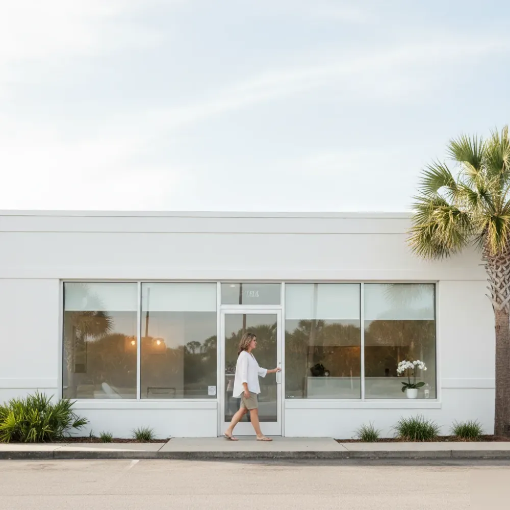 Woman approaching a boutique esthetics clinic exterior in Murrells Inlet with coastal vegetation nearby.