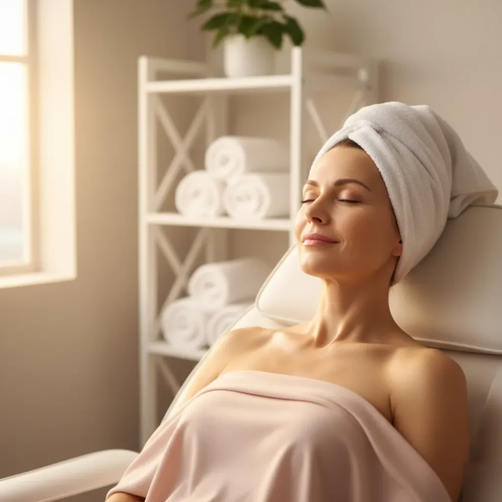 Woman in her fifties with calm, radiant skin resting after a facial treatment in a Murrells Inlet clinic.
