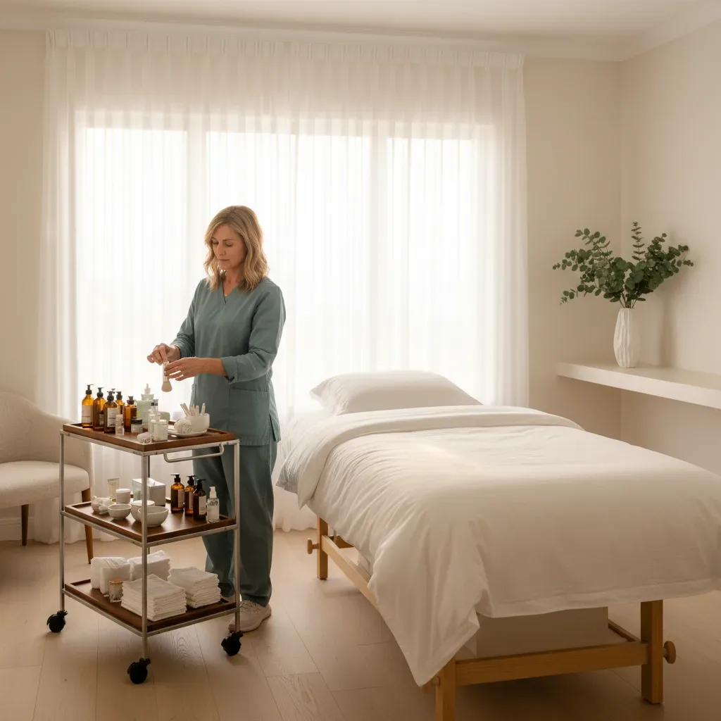 Esthetics treatment room with serums, brushes, and linen bed in a Murrells Inlet clinic.