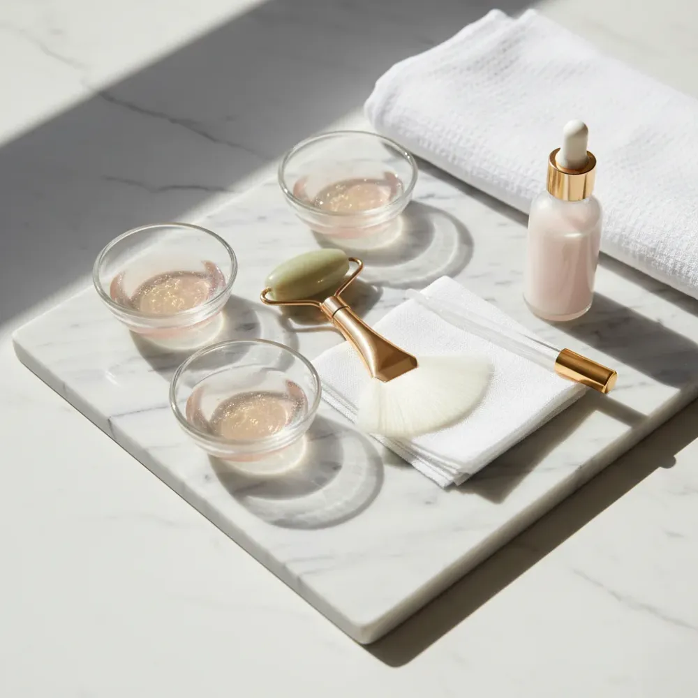 Esthetics service tools including serums, brushes, and gauze arranged on a marble surface in Murrells Inlet.