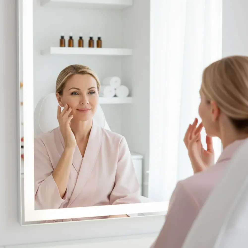 Woman in her 50s touches her cheek and examines her clear, smooth skin in a mirror after a facial treatment.