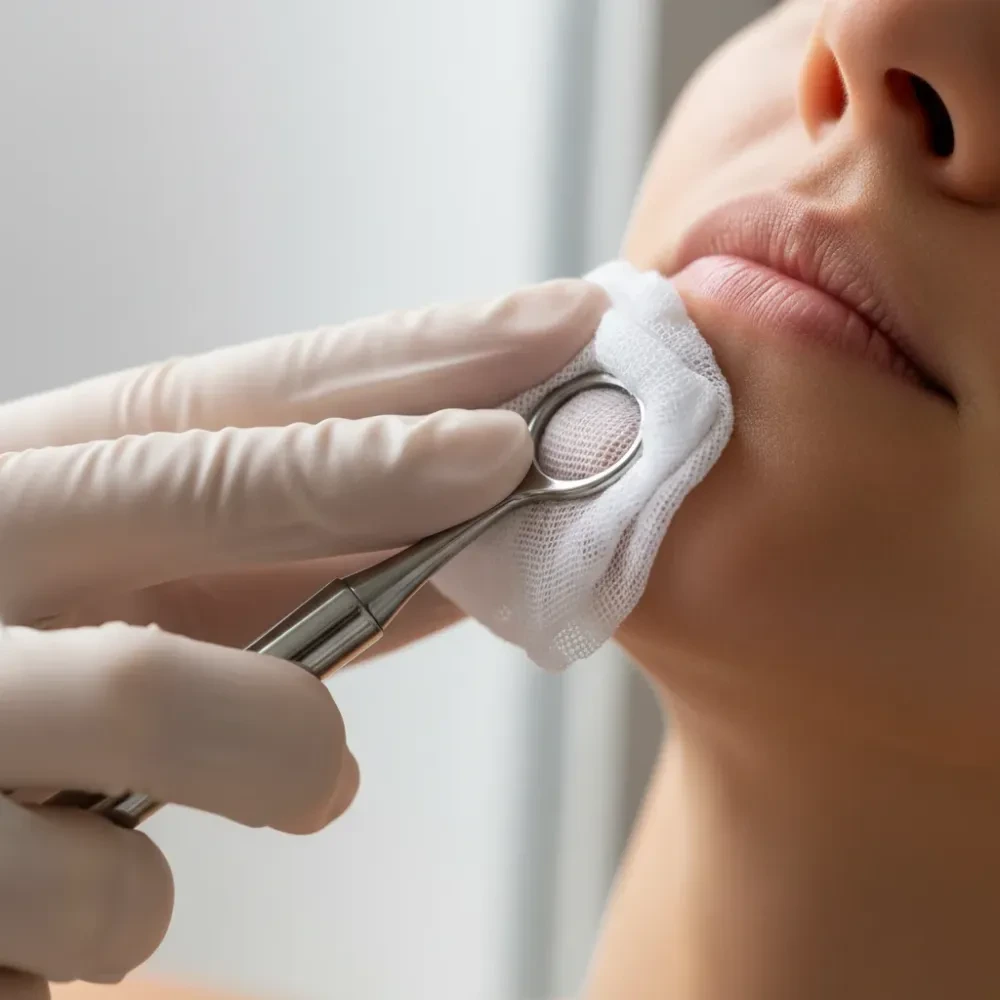 Gloved hands using gauze and a metal comedone extractor to apply precise pressure on a client's chin skin during a facial.