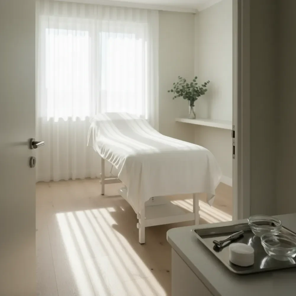 Empty boutique facial treatment room with a padded table, instrument tray, and soft coastal morning light through sheer
