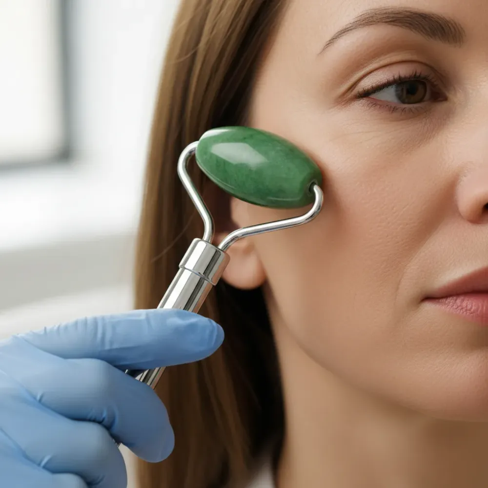Close-up of a jade facial roller pressed along a woman's cheekbone during a facial treatment in Murrells Inlet.