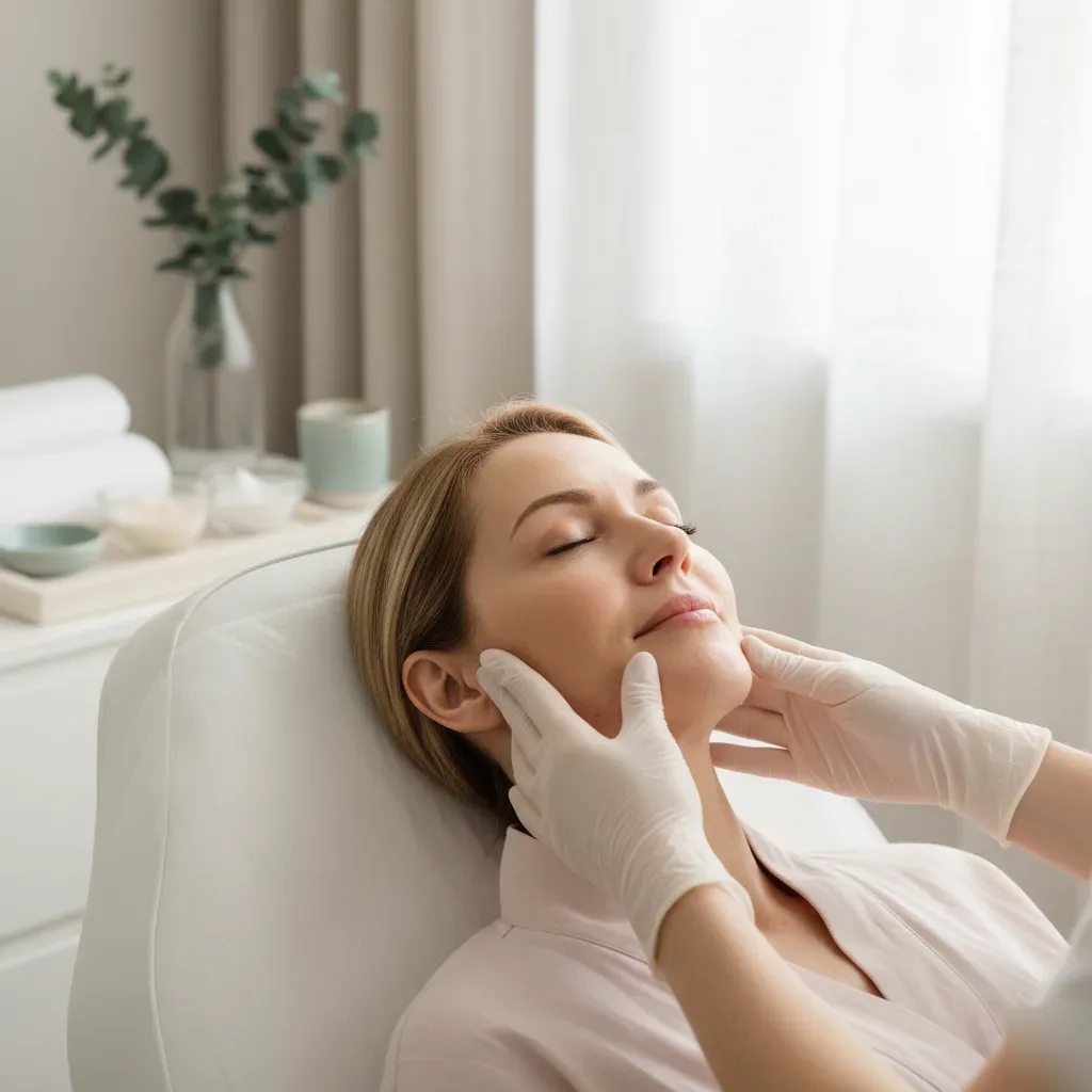 Woman receiving a professional facial treatment at a clean, modern skin care clinic in Murrells Inlet.