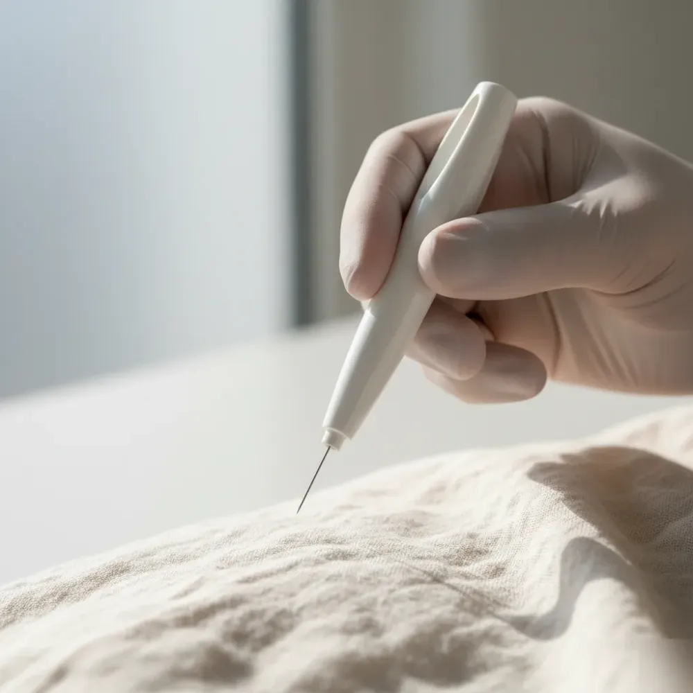 Gloved hand holds a GLP-1 injection pen near a patient's abdomen during a weight loss treatment session.