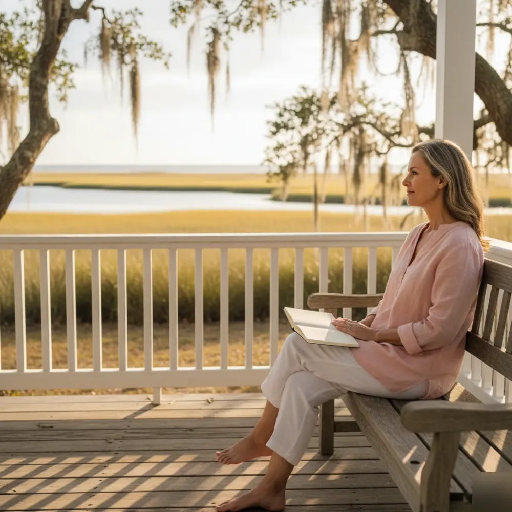 Woman sits on a sunlit coastal porch near Murrells Inlet, journaling during her GLP-1 weight loss treatment journey.