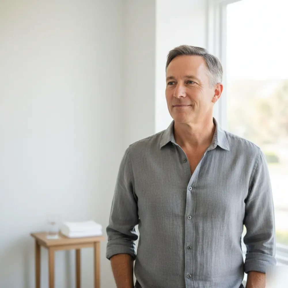 Man in his late 50s stands in a sunlit boutique clinic room after completing a GLP-1 weight loss treatment session.