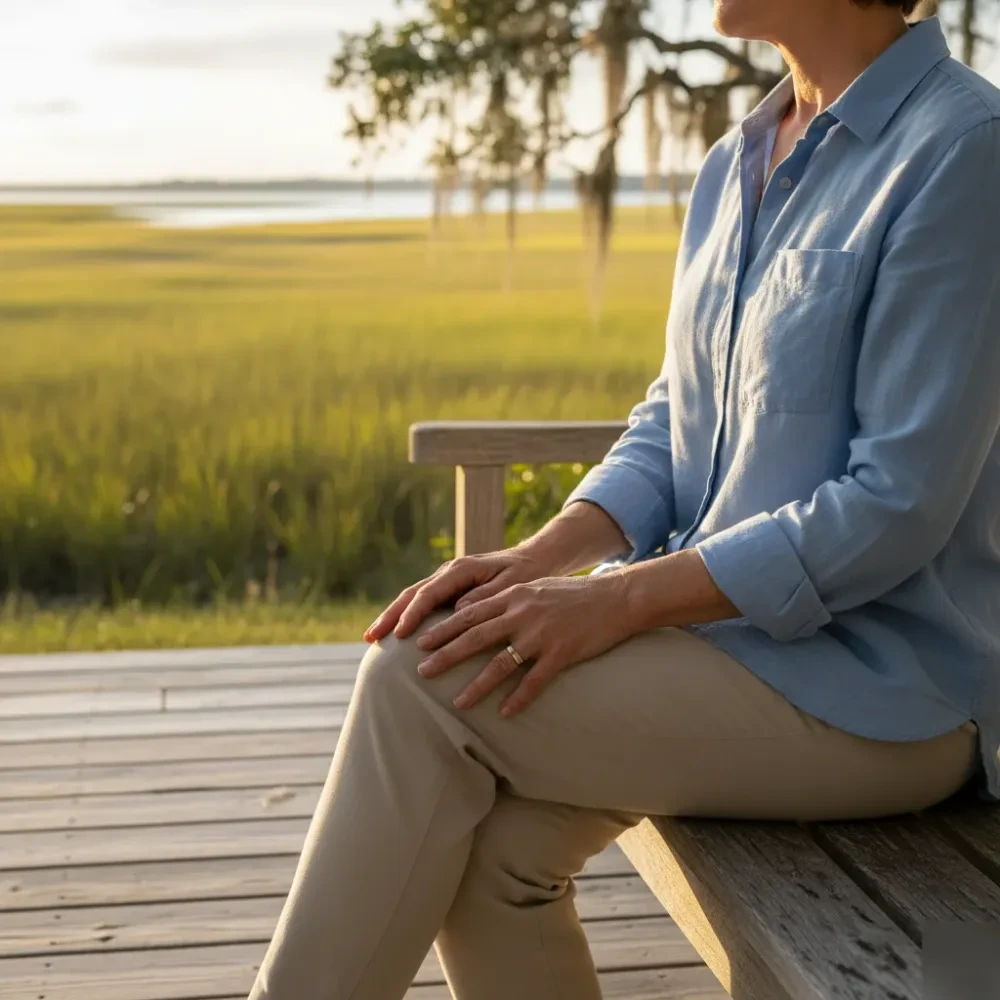 Woman rests her rejuvenated hands on a weathered wood bench overlooking a coastal South Carolina marsh.