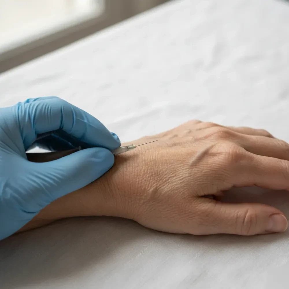 Close-up of a gloved hand holding a syringe above the back of an aging hand on white linen.