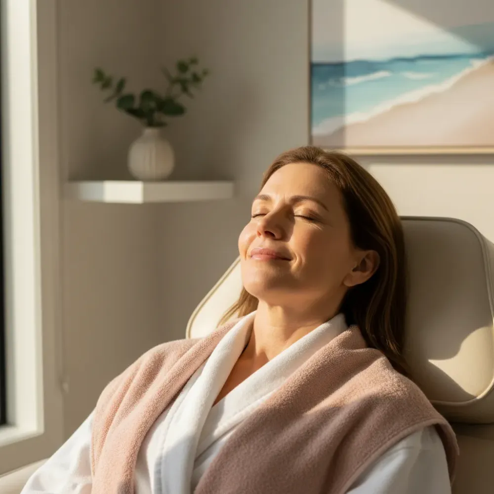 Relaxed woman in her 50s sitting in a spa treatment chair with luminous skin and closed eyes.