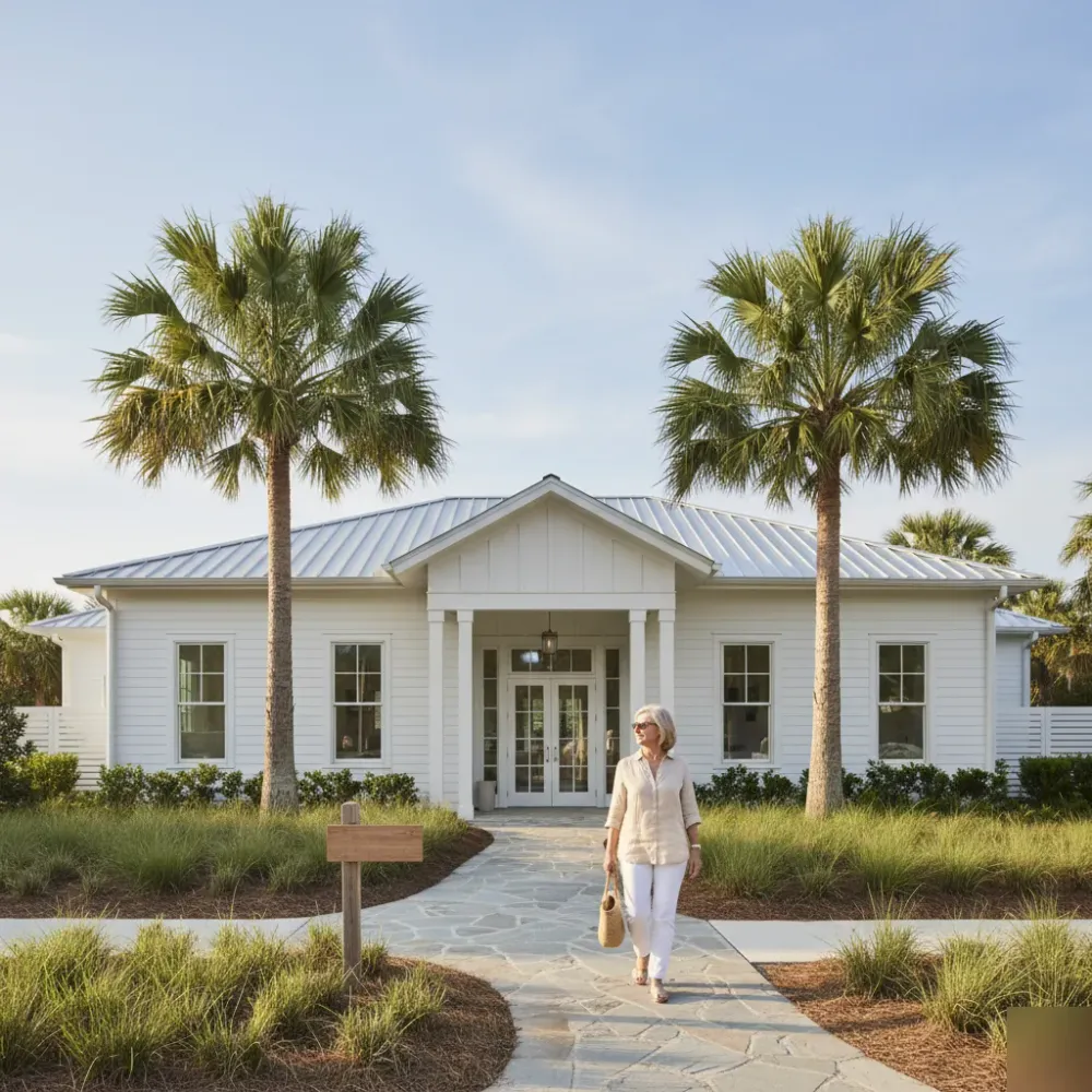 Woman walking toward a coastal spa building surrounded by palmetto palms in Murrells Inlet.