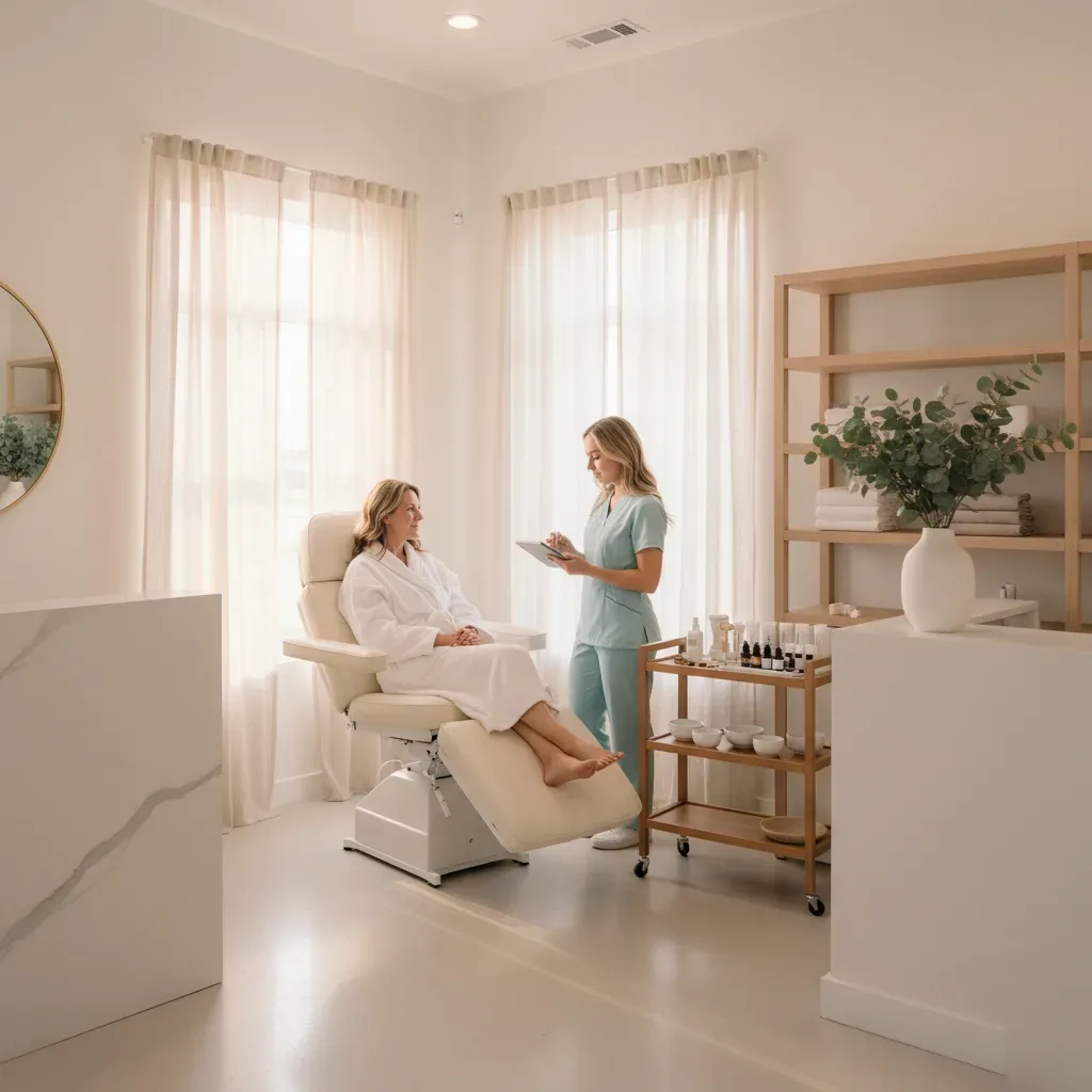 Woman in white robe receiving a spa consultation in a bright coastal health spa in Murrells Inlet.