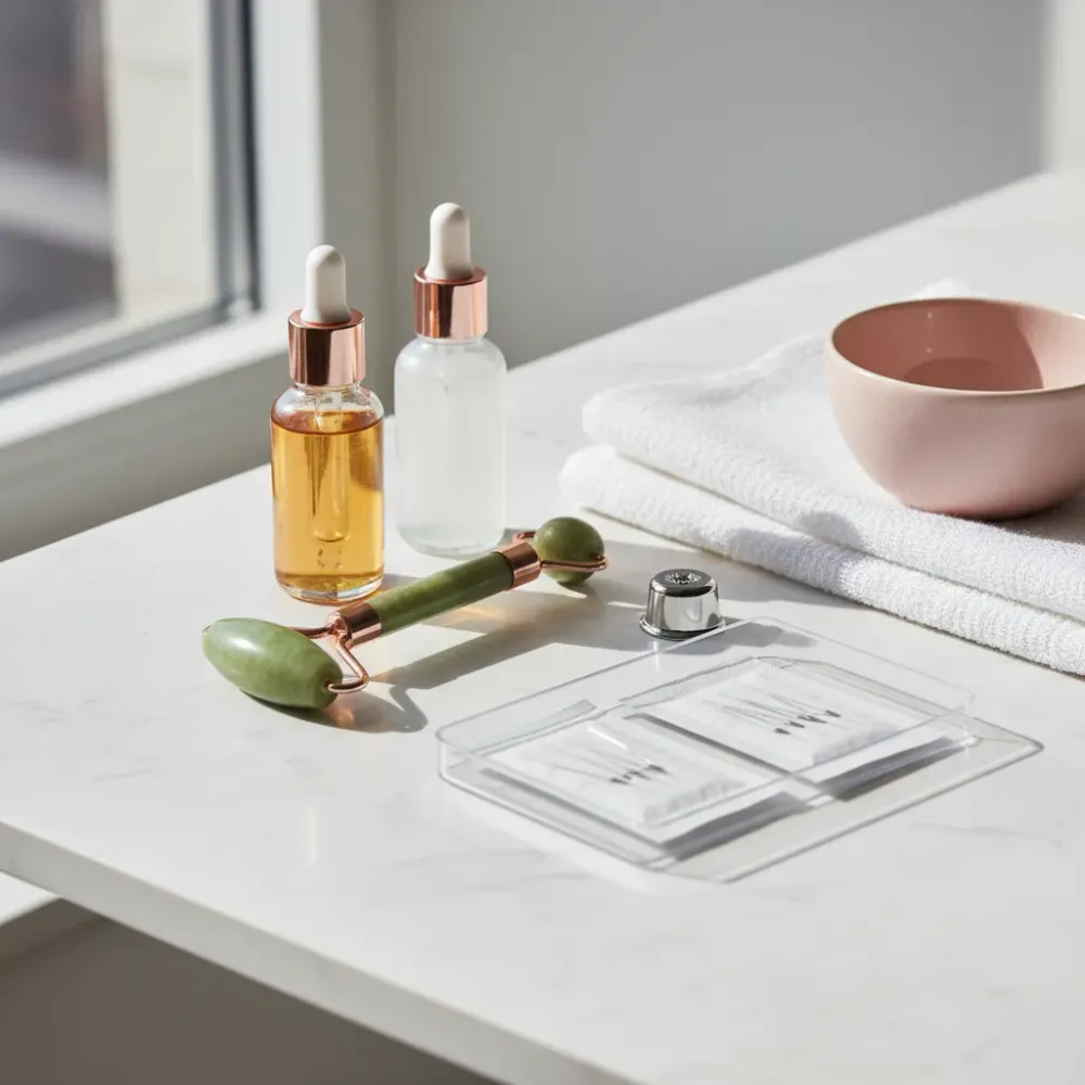 Facial spa tools including serums, jade roller, and stainless instruments arranged on white marble.