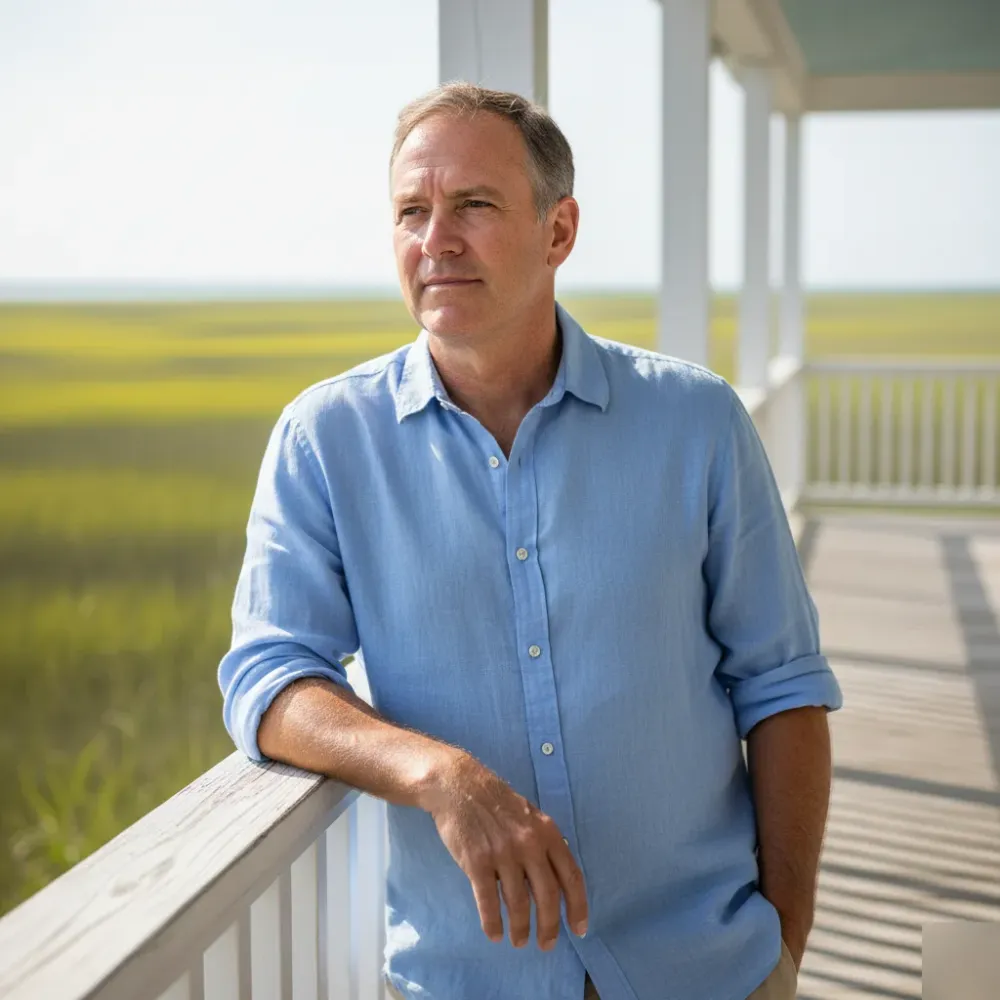 Man in his late 50s stands on a sunlit coastal porch in Murrells Inlet, looking relaxed and well-rested.