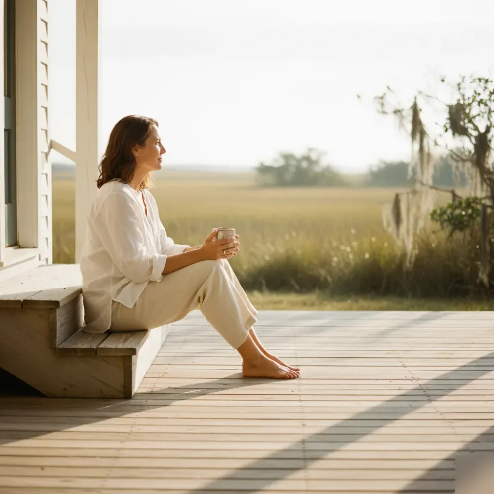 Woman in her mid-40s sits on a sunlit coastal porch near Murrells Inlet, holding a mug and looking toward a marsh.