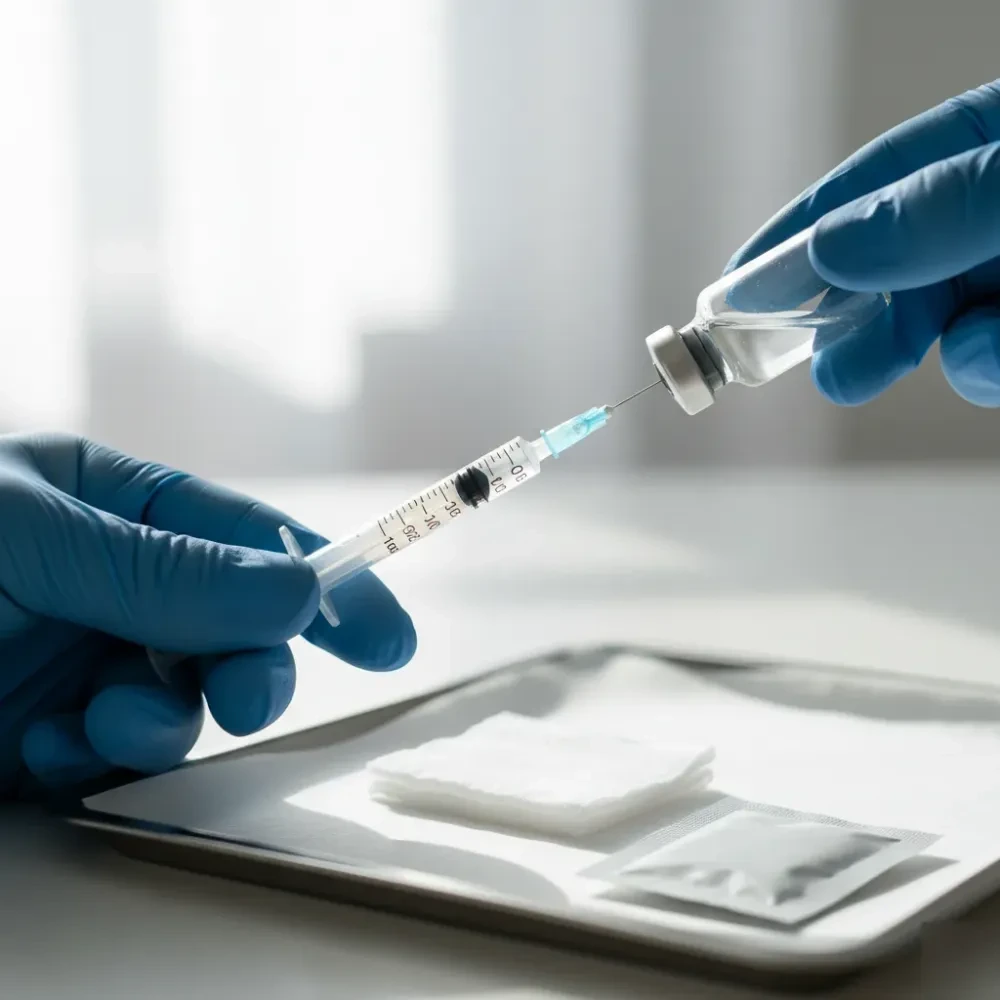 Gloved hands draw a measured hormone dose from a glass vial into a syringe on a clean white medical tray.