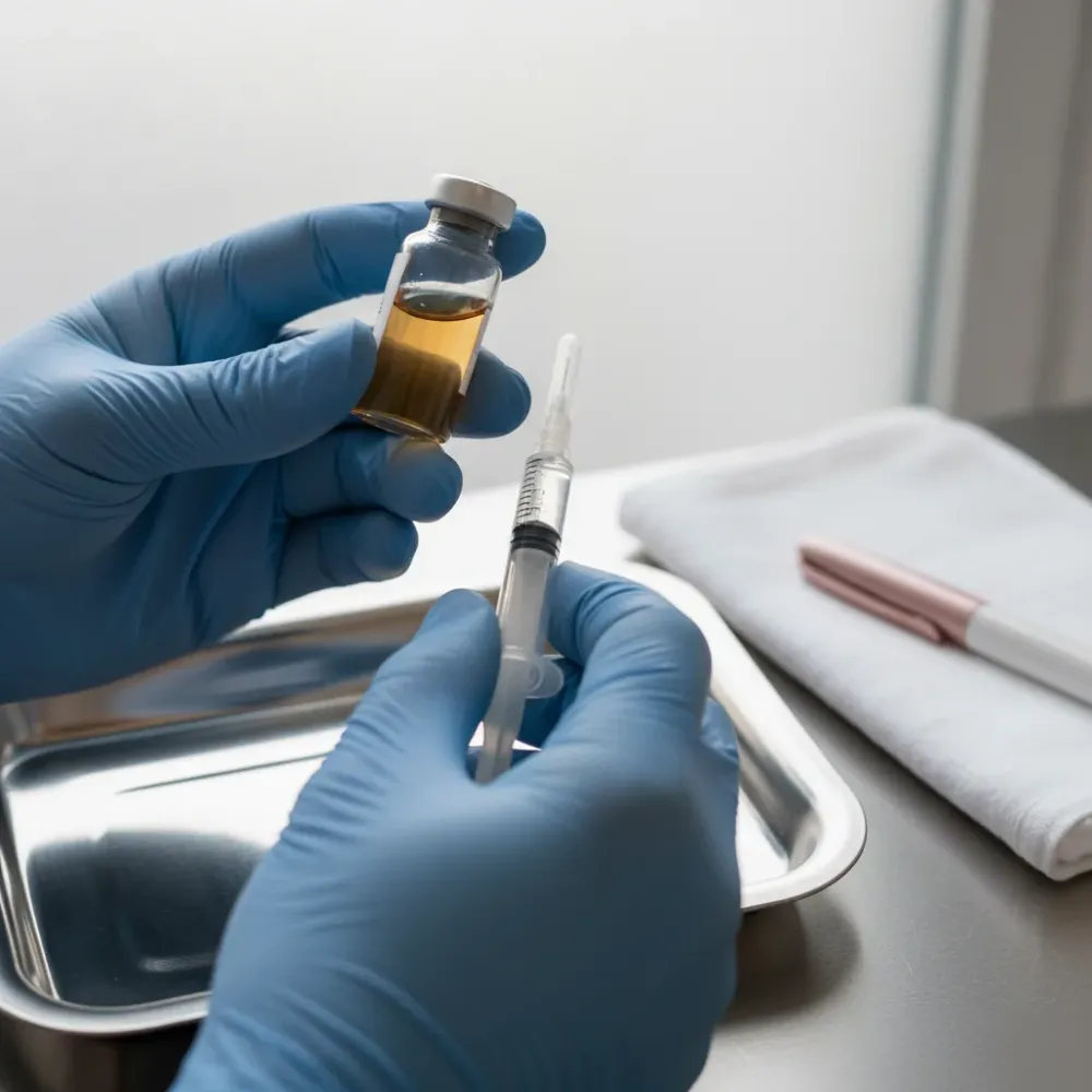 Close-up of gloved hands holding a glass vial and syringe on a tray during a hormone therapy preparation.