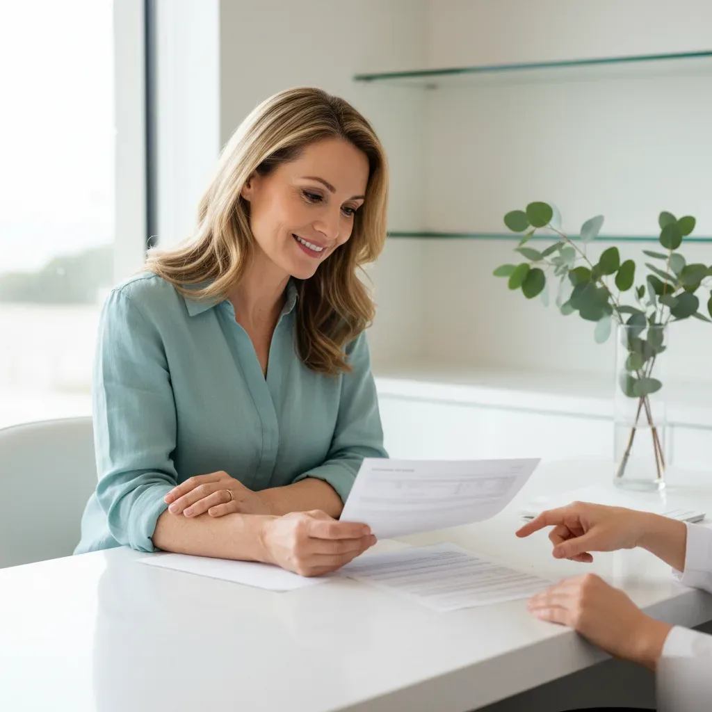 A woman in her 50s reviews a hormone panel report with a clinician inside a bright, coastal-style medical clinic.