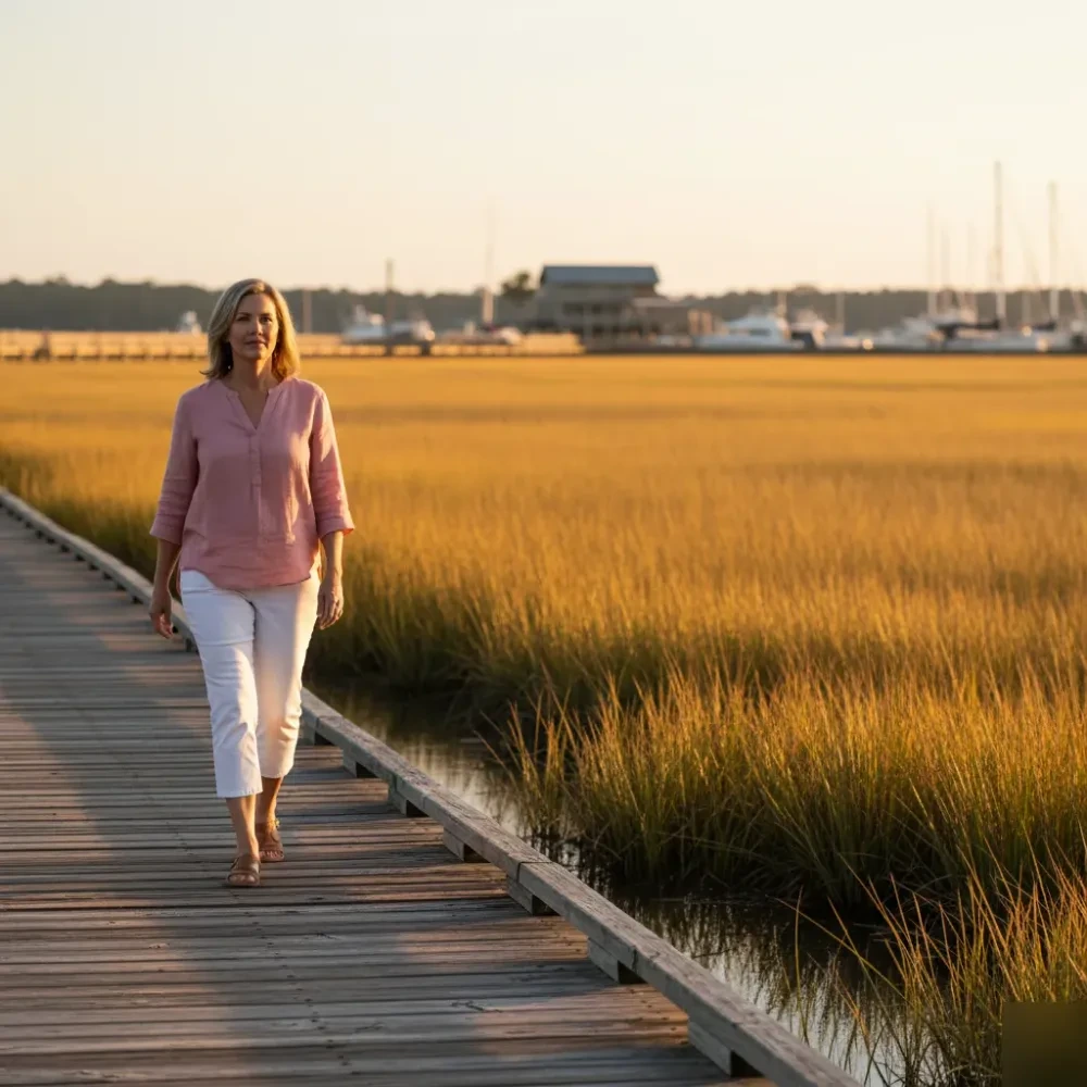 Woman in her mid-40s walks along the Murrells Inlet MarshWalk boardwalk at golden hour in a blush linen top.