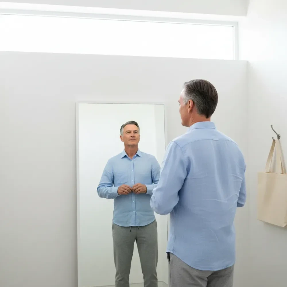 Man in his late 50s buttons a linen shirt while calmly observing his reflection in a clinic mirror.