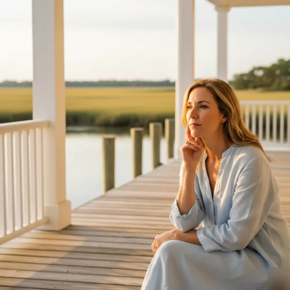 Woman on a sunlit coastal porch near Murrells Inlet marsh water touches her cheek after a hydrating facial treatment.