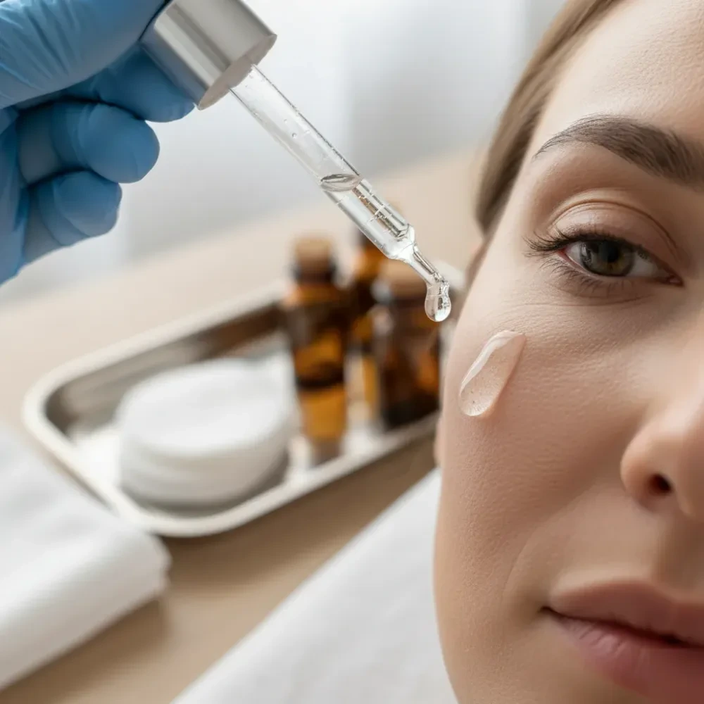 Close-up of a hyaluronic serum droplet being applied to a woman's cheek during a hydrating facial treatment.