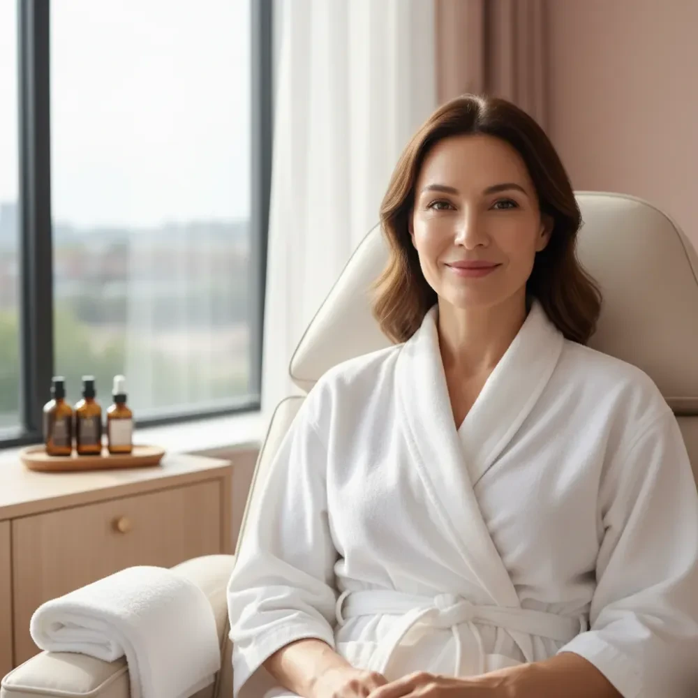 Woman in her early 50s with visibly dewy, refreshed skin sits in a treatment chair after a hydrating facial.