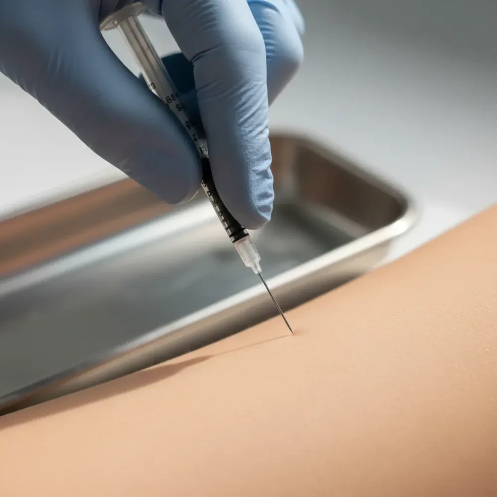Close-up of a gloved hand holding a syringe near skin during a hyperhidrosis treatment procedure.