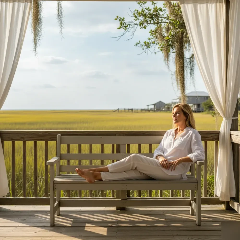 Woman sitting relaxed on a coastal porch in Murrells Inlet after hyperhidrosis treatment, overlooking marsh.
