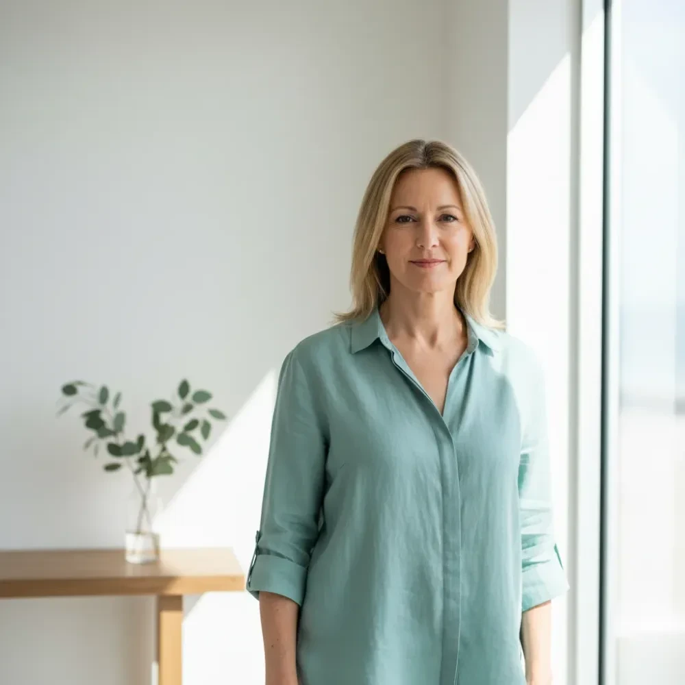 Woman standing relaxed in a bright boutique medical spa after a hyperhidrosis treatment appointment.