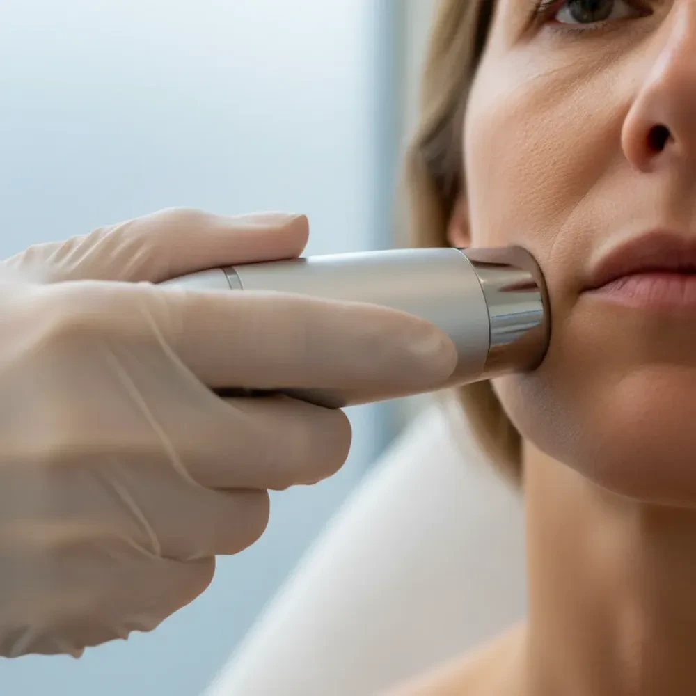 Close-up of an IPL device applied to sun-spotted skin during a pigmentation treatment session.