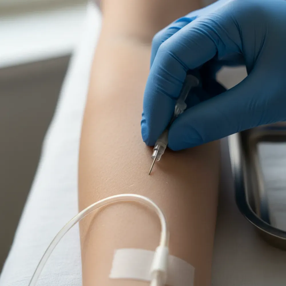 Close-up of an IV catheter being placed into a patient's forearm during vitamin IV therapy.