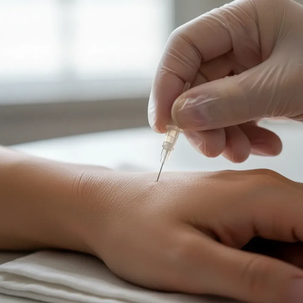 Close-up of an IV catheter being placed into a vein during an IV vitamin therapy session.