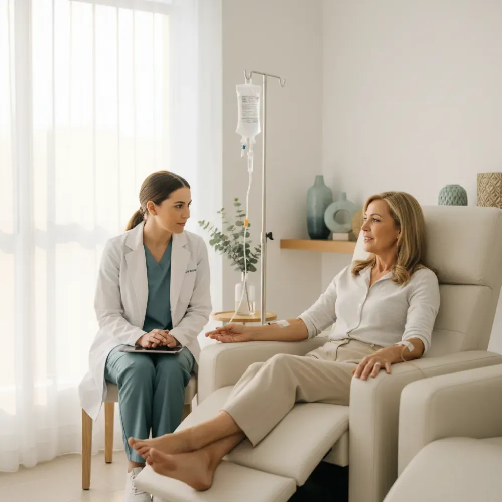 A patient in their mid-50s receives IV therapy while a clinician sits nearby in active conversation during the session.
