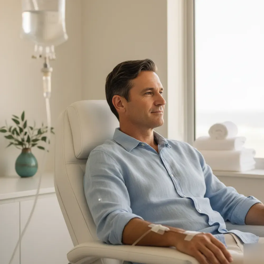 Man sitting relaxed with an IV drip line in his hand during a vitamin therapy infusion session.