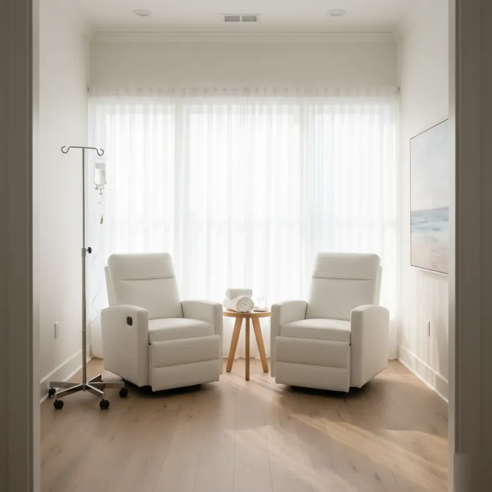 Clean, sunlit IV therapy treatment room with white chairs and drip equipment at a Murrells Inlet clinic.