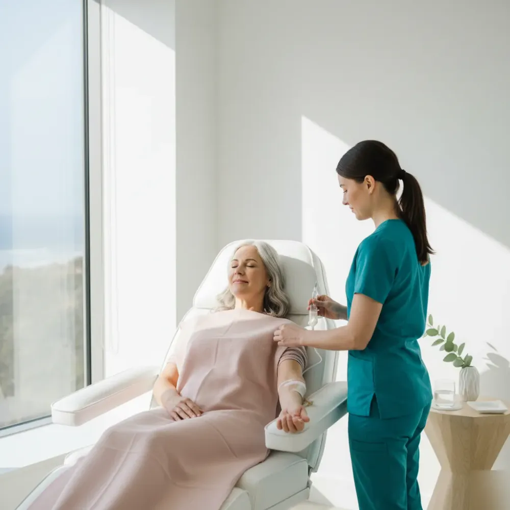 A relaxed person reclines in a treatment chair during an IV vitamin therapy session inside a coastal clinic.