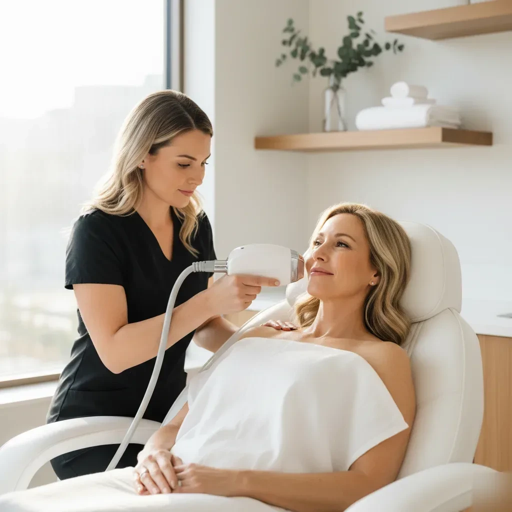 A woman receiving a laser skin rejuvenation treatment at a boutique clinic in Murrells Inlet.
