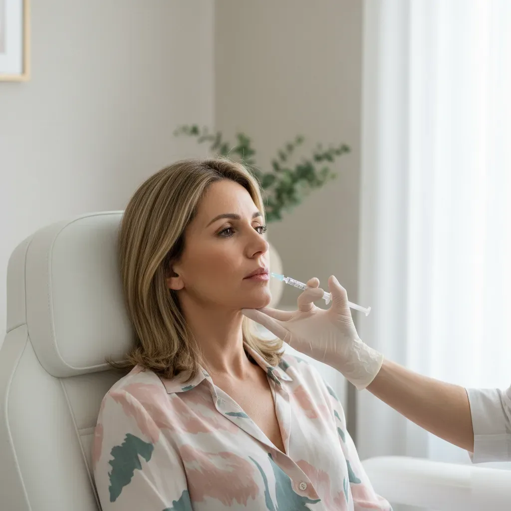 Injector placing a fine syringe at a woman's upper lip border during a lip filler appointment in Murrells Inlet.