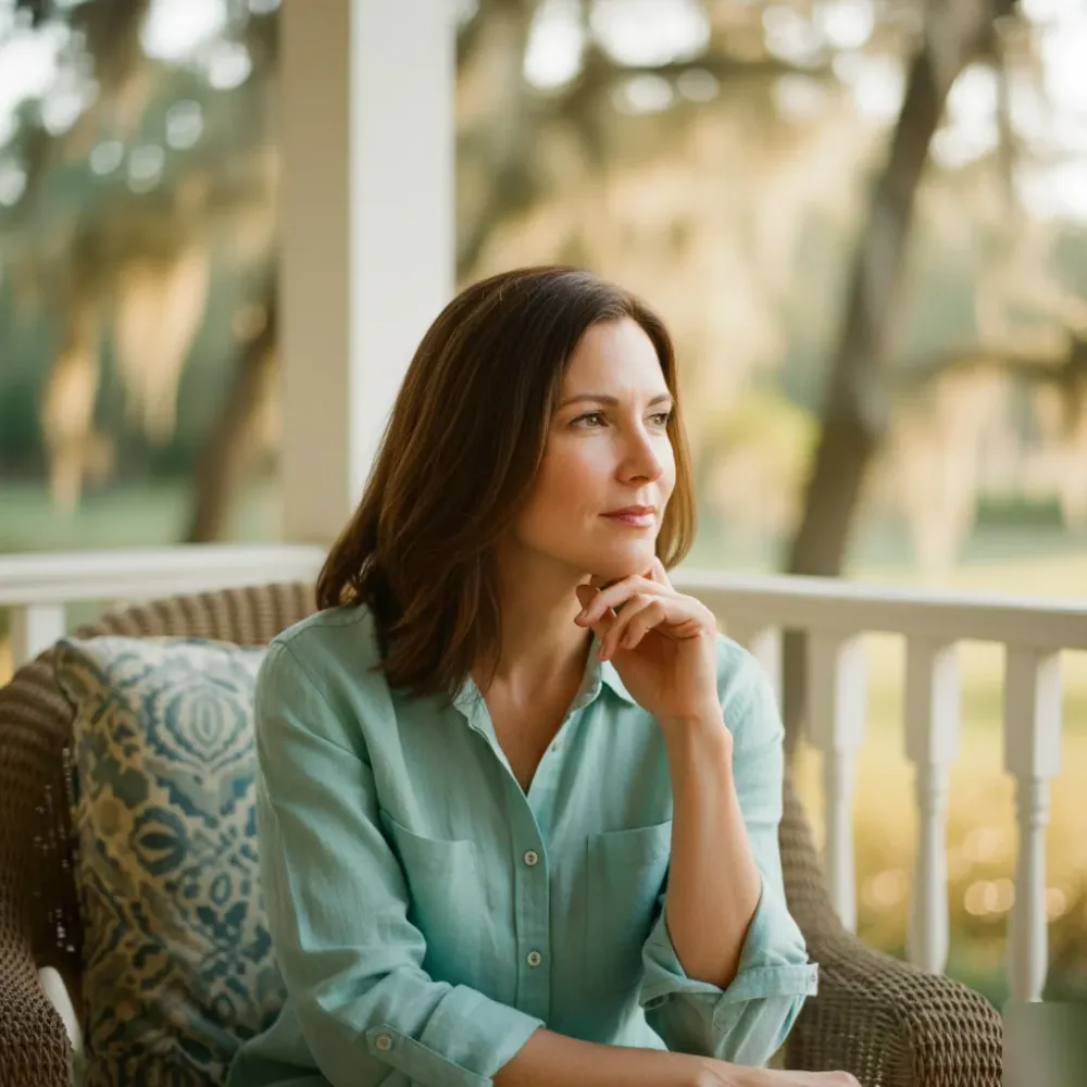 Woman with naturally full lips sits on a sunlit Lowcountry porch near Murrells Inlet in warm afternoon light.