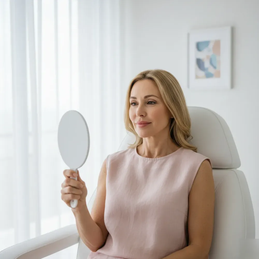 Woman in her 50s examines her naturally fuller lips in a hand mirror after a lip filler treatment in a coastal clinic.