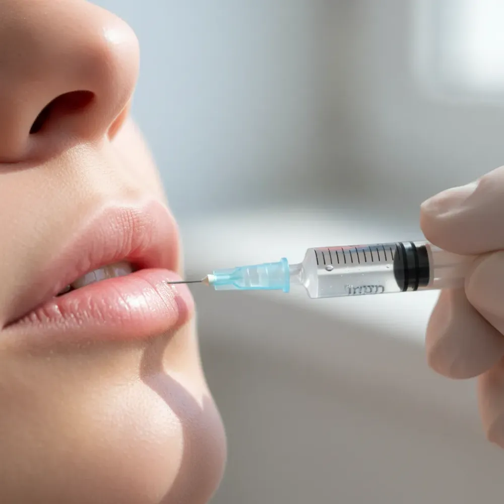 Close-up of a gloved hand holding a lip filler syringe at a patient's lower lip during a cosmetic injection procedure.