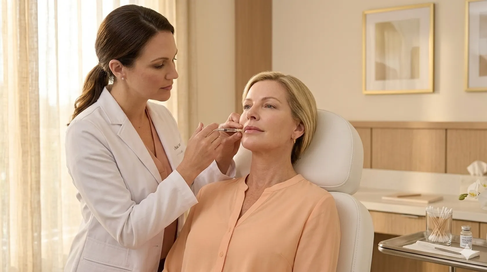 Aesthetic injector carefully administering lip filler to a serene mature female patient in a modern Murrells Inlet medical spa office.