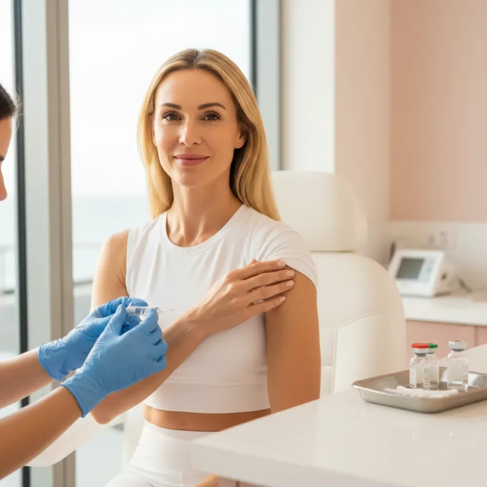 Woman receives a lipotropic or vitamin B12 injection in a bright boutique clinic room with coastal morning light.